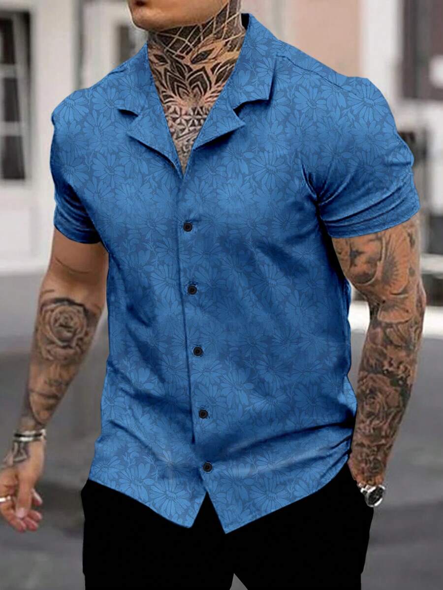 Manfinity Homme Men Floral Print Button Up Shirt - Blue - View 1