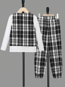 SHEIN Young Boy Solid Tee & Plaid Print Pants & Vest - Black and White - View 2
