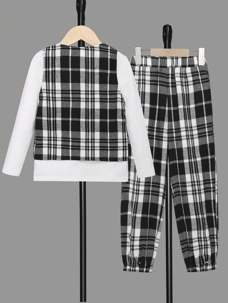 Young Boy Solid Tee & Plaid Print Pants & Vest