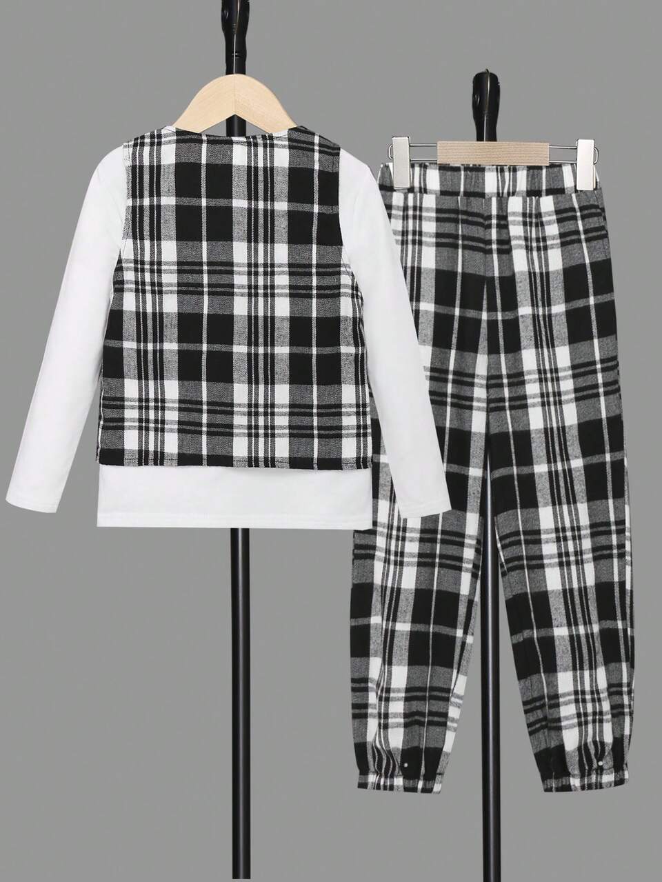 Young Boy Solid Tee & Plaid Print Pants & Vest