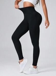 Easithlete Solid Tummy Control Sports Leggings - Black - View 2