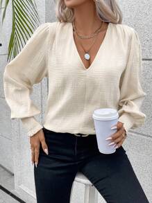 SHEIN LUNE Solid V Neck Lantern Sleeve Blouse - Apricot - View 4