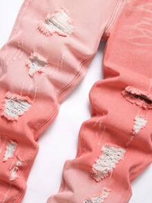 Men's Fashionable Distressed Color Block Denim Jeans - Coral Pink - View 4