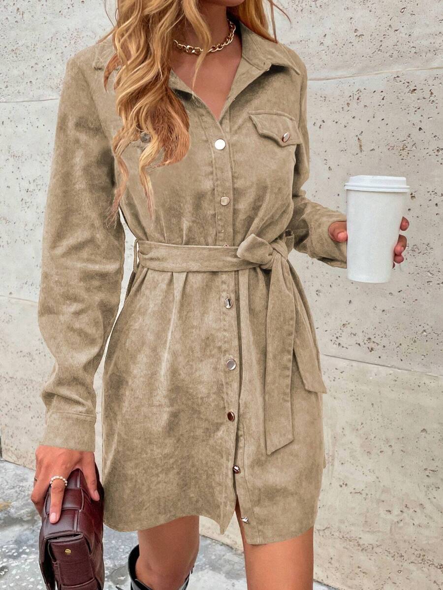 SHEIN LUNE 休閒腰帶 鈕扣 假口袋純色女士連衣裙