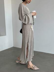 FRIFUL 纯色开叉大腿束带连衣裙，秋季连衣裙 - 灰色 - 查看 4