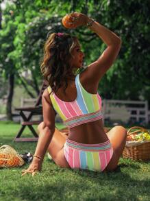 Swim Mod Striped Print Bikini Set,Summer Beach - Multicolor - View 2