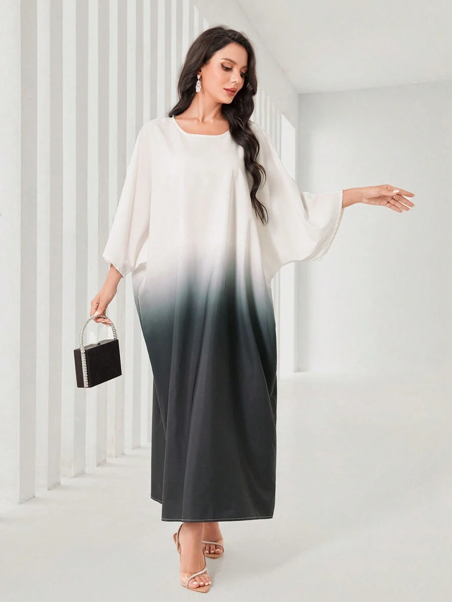 Al Najma 漸層蝙蝠袖土耳其長袍 - 黑與白 - 查看 1