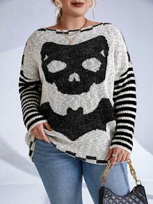 SHEIN Unity Plus Striped & Skull Pattern Drop Shoulder Sweater - Multicolor - View 5