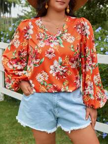 SHEIN VCAY Cộng với áo sơ mi tay đèn lồng in hoa - Nhiều màu - Xem 6