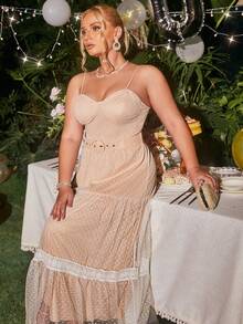 Glamaker 大碼蕾絲拼接荷葉邊網紗吊帶洋裝 - 淺粉色 - 查看 3