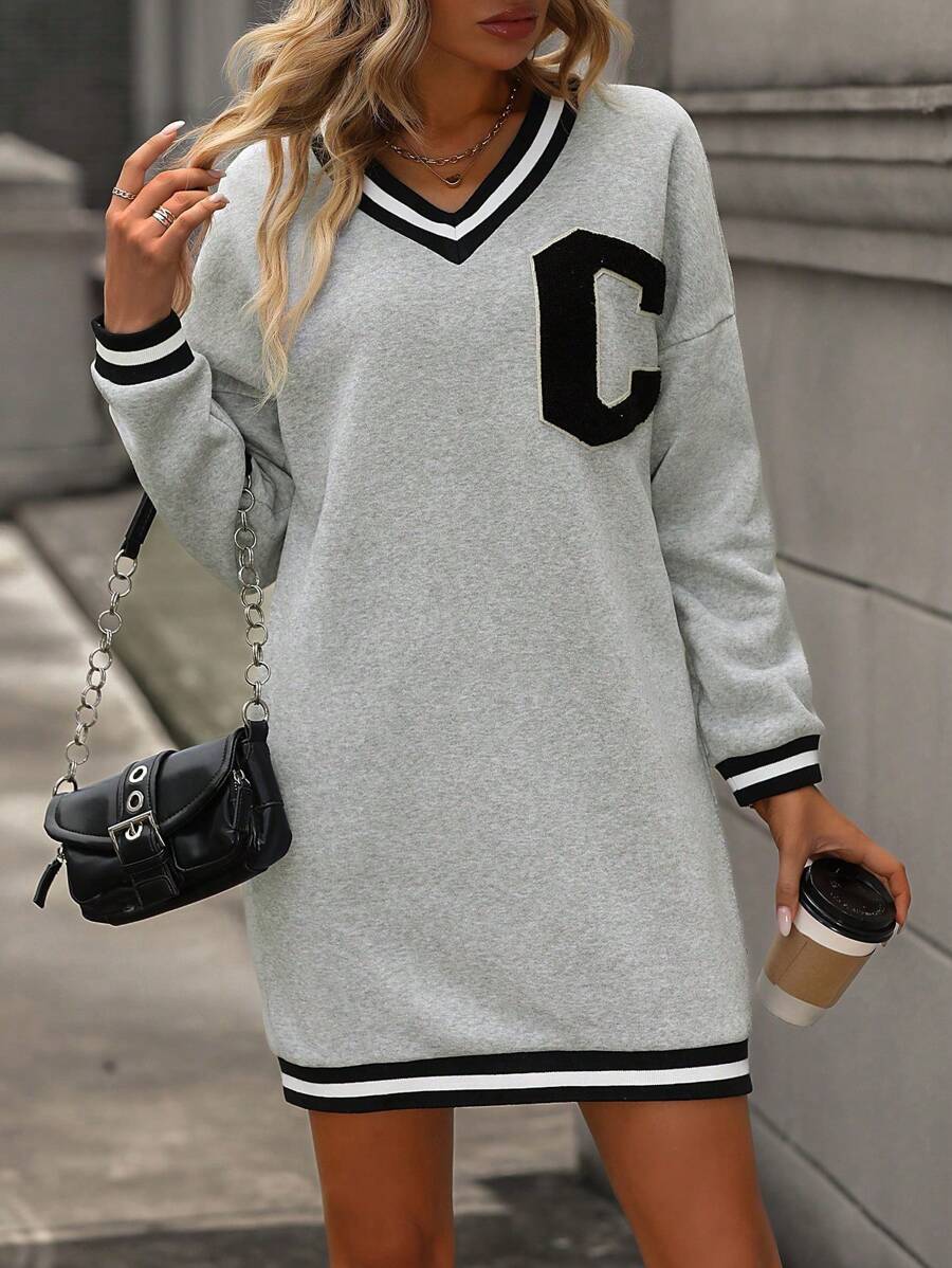 SHEIN LUNE Letter Patched Striped Trim Drop Shoulder Sweatshirt Dress Graduation,Back To School Outfits,Graduation,Teacher Outfits For Women,Back To School Pullover Fall Outfit - Grey - View 1
