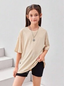 SHEIN Tween Girl Apricot Color Text Slogan z nadrukiem Modna letnia koszulka z krótkim rękawem