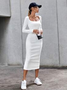 SHEIN Essnce Women Long Sleeve Square Neckline Slim Fit Dress - White - View 5