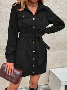 SHEIN LUNE Sukienka-koszula z paskiem - Czarne - Zobacz 6