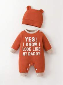 SHEIN Baby Girl Slogan Graphic Contrast Binding Button Detail Jumpsuit & 3D Ear Design Hat - Orange - View 1