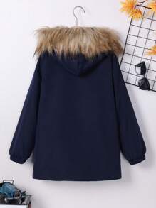 SHEIN 男大童字母補丁細節毛茸邊加絨內裏連帽外套