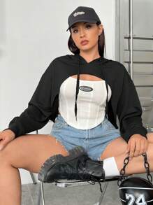 SHEIN EZwear 大码落肩抽绳超短款卫衣，无抹胸设计 - 黑色 - 查看 4