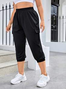 SHEIN Daily&Casual Plus Flap Pocket Side Elastic Waist Sports Pants - Black - View 4