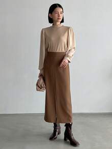 FRIFUL Mock Neck Lantern Sleeve Ribbed Knit Top - Apricot - View 5