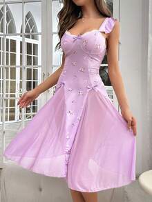 印花荷葉邊前蝴蝶結睡裙 - 紫色 - 查看 5