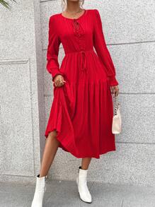 SHEIN VCAY 繫帶領燈籠袖荷葉邊洋裝 - 紅色 - 查看 3