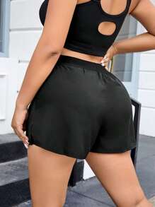 SHEIN Rhythm Era Plus Size Solid Wide Leg Shorts Sweater Shorts - Black - View 2