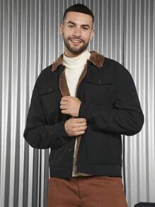 Manfinity VCAY 1pc Loose Fit Men's Borg Collar Flap Pocket Jacket