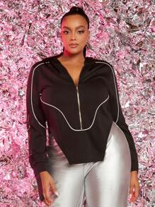 SHEIN SXY 大碼拼接滾邊半拉鏈不對稱下擺運動衫 - 黑色 - 查看 1