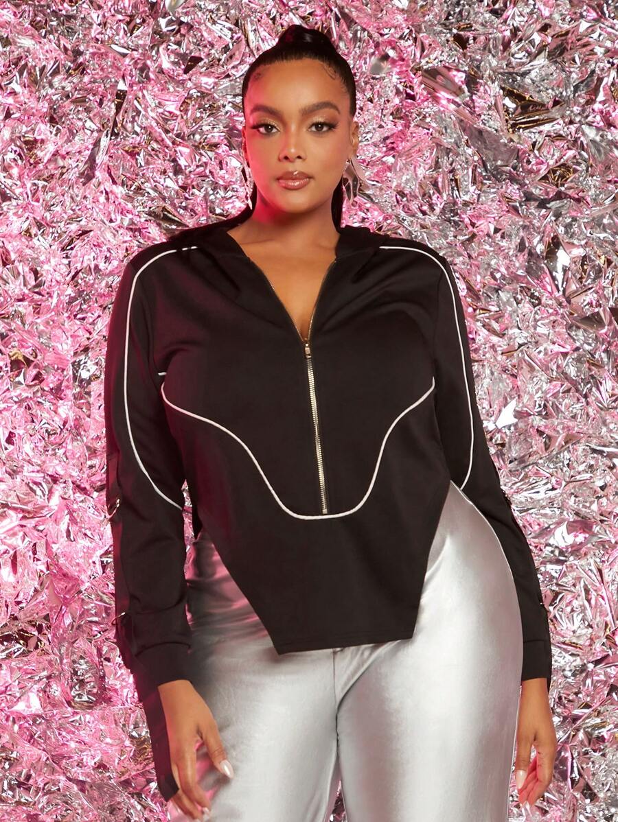 SHEIN SXY 大碼拼接滾邊半拉鏈不對稱下擺運動衫 - 黑色 - 查看 1