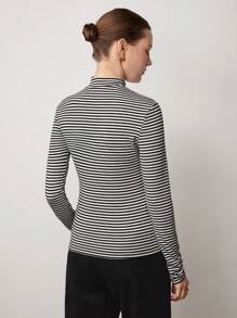 BizChic 女式黑白条纹高领长袖修身 T 恤，适合外出、办公室、商务休闲、秋季的基本款上衣 - 黑與白 - 查看 2