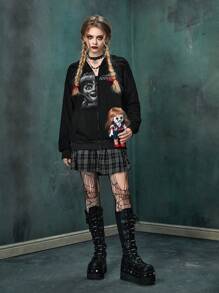 Annabelle | ROMWE Letter Figure Graphic Drop Shoulder Hoodie - Black - View 2