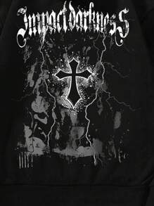 ROMWE MEN Goth 男士十字印花袋鼠口袋束口帽衫 - 黑色 - 查看 4