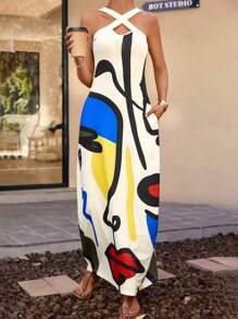 EMERY ROSE Women's Sleeveless Crossed Front Pocket Side Line Print Casual Dress, Suitable For Summer Vacation - Multicolor - View 1