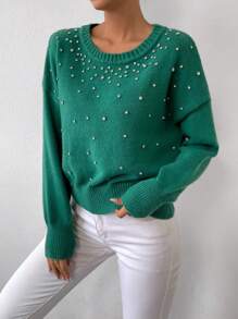 SHEIN Essnce 珍珠串珠落肩袖套頭毛衣 - 軍綠色 - 查看 4