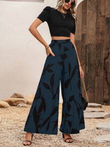 SHEIN Clasi Ống tay áo Áo thun & In Thực vật Quần ống rộng - Màu xanh hải quân - Xem 3