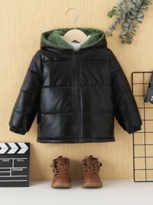 SHEIN Young Boy Zip Up Hooded Padded Coat - Black - View 4