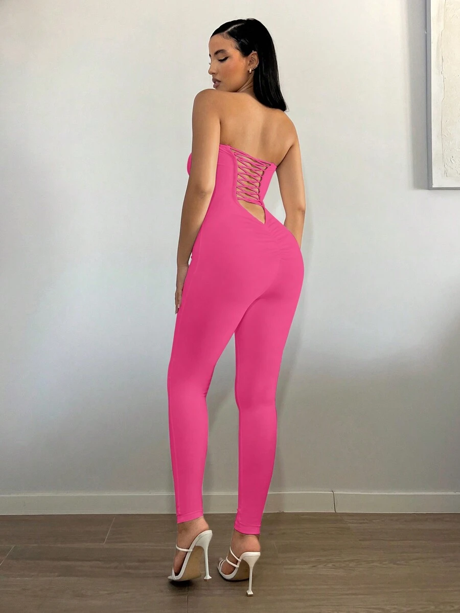 SHEIN SXY Solid Backless Tube Unitard Jumpsuit - Hot Pink - View 1