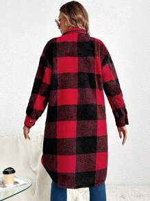 SHEIN Maternity Buffalo Plaid Pattern Drop Shoulder Flap Detail Teddy Coat, For Winter - Red - View 2