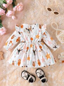 SHEIN 女嬰海星印花荷葉邊荷葉袖前蝴蝶結洋裝 - 彩色 - 查看 2