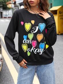 SHEIN Unity Sudadera con gráfico de corazón y letra, sudadera de otoño - Negro - Ver 3