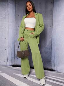 SHEIN PETITE Chất rắn Cổ áo Áo vest & Quần ống rộng - Màu xanh Bạc hà - Xem 1