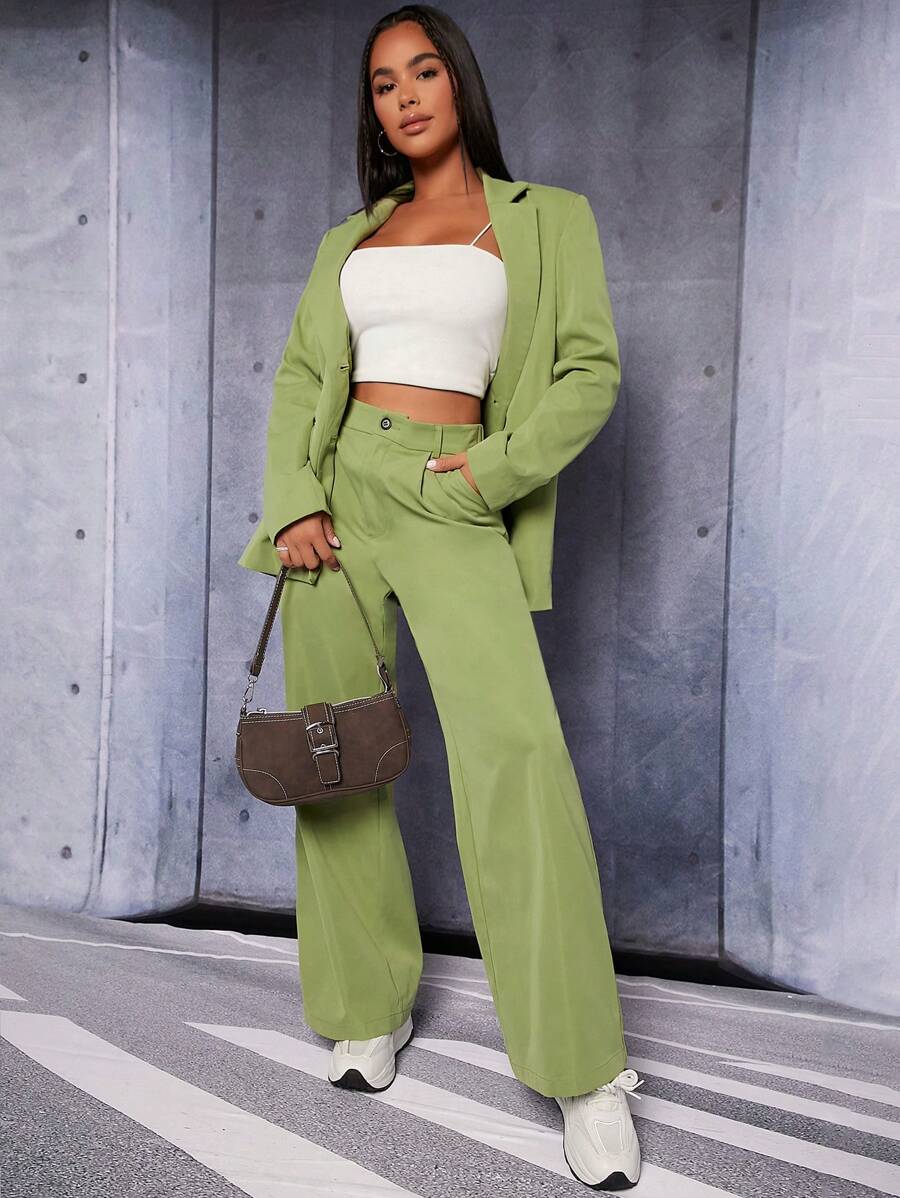 SHEIN PETITE Chất rắn Cổ áo Áo vest & Quần ống rộng - Màu xanh Bạc hà - Xem 1