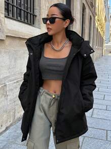 DAZY 字母图案拉链按扣连帽冬季厚口袋外套，冬季女装，冬季外套女式夹克 - 黑色 - 查看 1