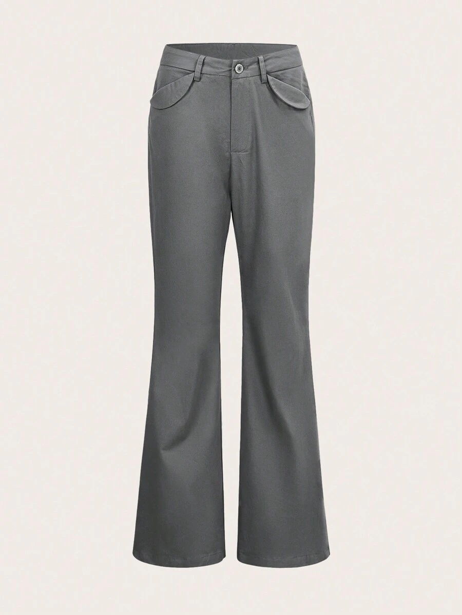 SHEIN EZwear Solid Flare Leg Pants - Dark Grey - View 1