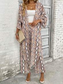 Snakeskin Print Kimono & Wide Leg Pants - Multicolor - View 1