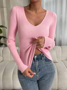 Chiquease 1pc Sexy V-Neck Sweater, Solid Color Slim Fit Base Layer,Long Sleeve Tops Knit Pullover Fall Winter Sweater - Pink - View 5
