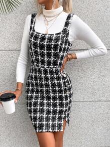 SHEIN Privé Vestido tipo peto de tweed con dobladillo dividido y estampado de pata de gallo sin suéter - Blanco y Negro - Ver 6