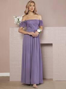 SHEIN Belle Off Shoulder Lace Bodice Chiffon Bridesmaid Dress - Lilac Purple - View 5