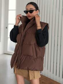 DAZY 拉链斜口袋背心加厚口袋外套，冬季女式加厚外套夹克 - 咖啡棕 - 查看 4