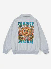 SHEIN EZwear Sunflower & Letter Graphic Drop Shoulder Sweatshirt - Light Grey - View 2